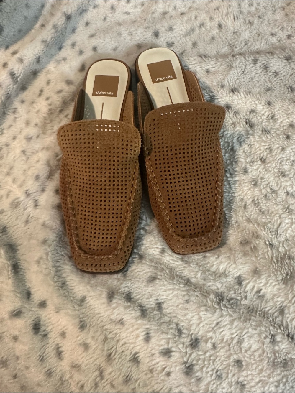 Dolce Vita Women’s Tan Perforated Suede Slip-On Mules